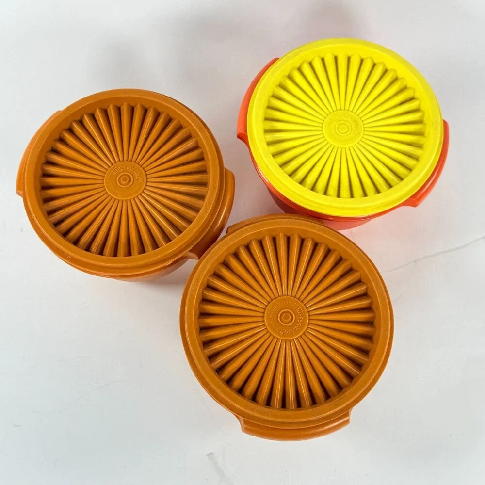 Vintage 3 Tupperware Servalier Bowls w/ Sunburst Lids Brown Yellow Orange 1970s